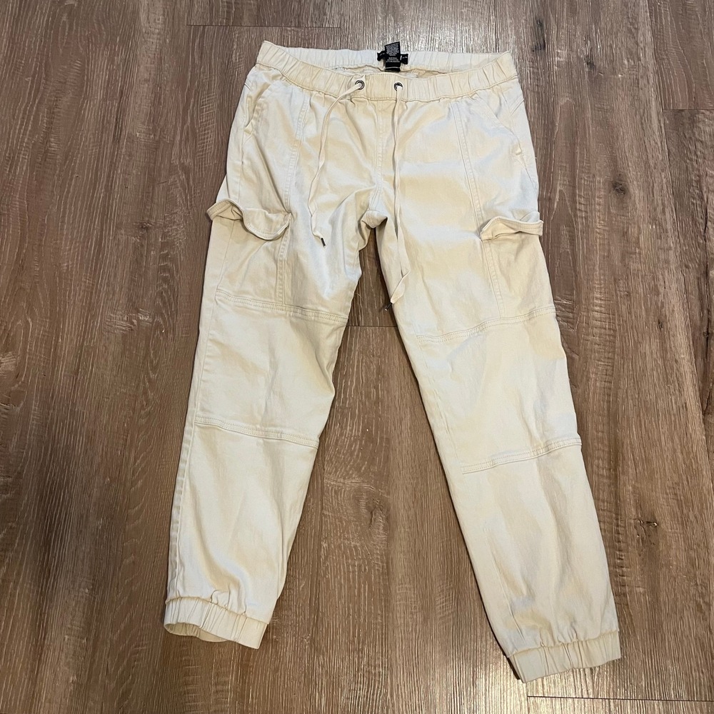 Rewash Mens Cargo Jogger Pants Large Beige Cotton Stretch Drawstring Elastic